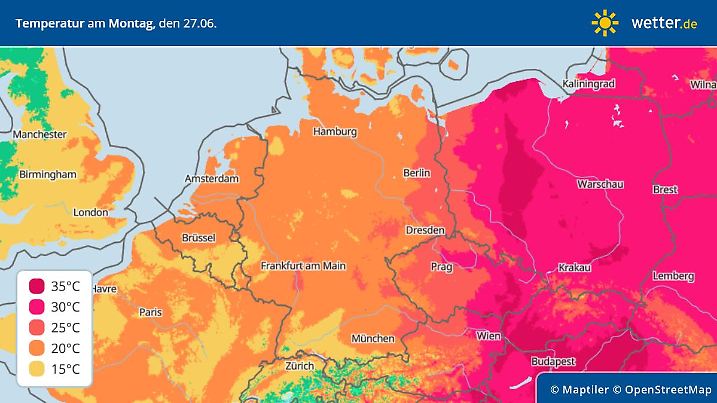 Die Grafik zeigt die Höchstwerte für Montag, 27.06.2022: