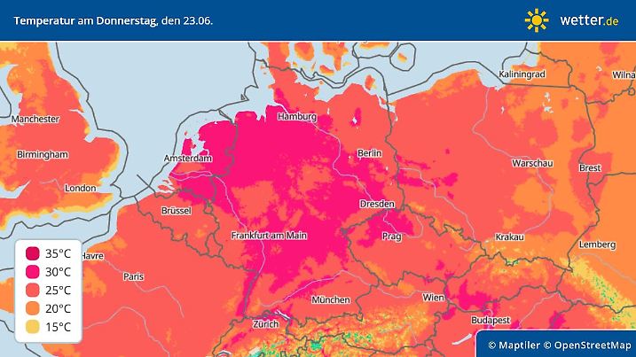 Die Grafik zeigt die Höchstwerte für Donnerstag, 23.06.2022: Über 30 Grad ja, aber keine extreme Hitze