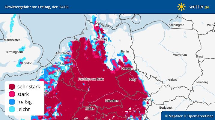 Die Grafik zeigt das Gewitterrisiko für Freitag, 24.06.2022