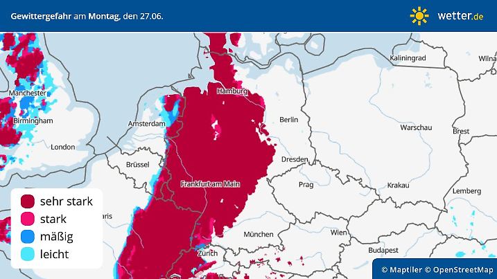Die Grafik zeigt das Gewitterrisiko für Montag, 27.06.2022