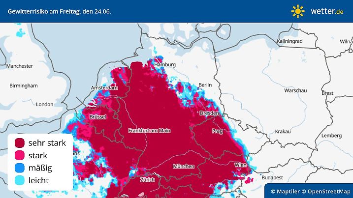 Die Grafik zeigt das Gewitterrisiko für Freitag, 24.06.2022