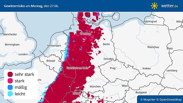 Die Grafik zeigt das Gewitterrisiko für Montag, 27.06.2022