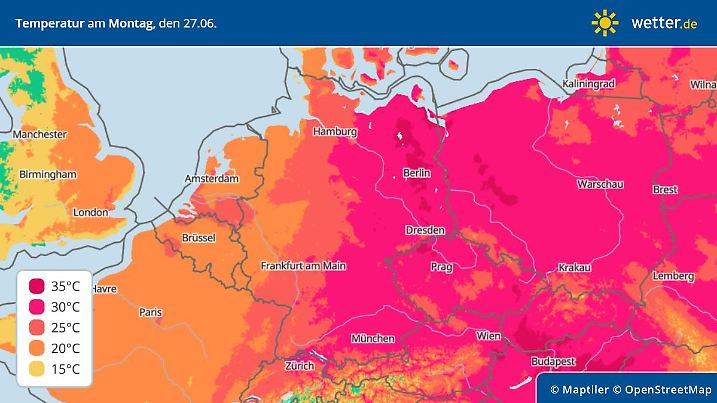 Die Grafik zeigt die Höchstwerte für Montag, 27.06.2022