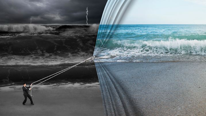 businessman pulling open calm sea curtain covered dark stormy ocean background