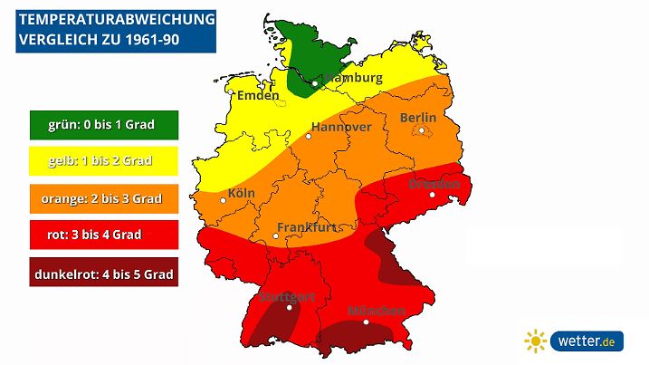 Die Grafik zeigt die Abweichung der Temperaturen im Juni im Vergleich zu den Jahren 1961 bis 1990