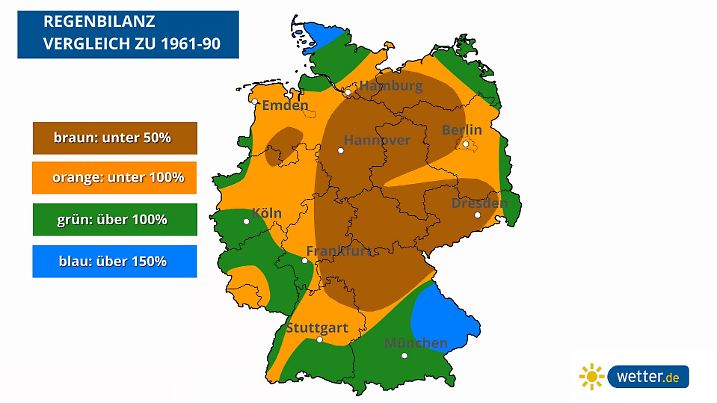 Die Grafik zeigt die Abweichung der Regenbilanz im Juni im Vergleich zu den Jahren 1961 bis 1990