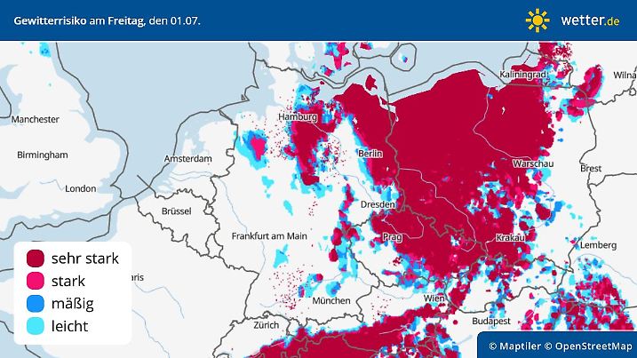 Die Grafik zeigt die Gewittergefahr für Freitag, 01.07.2022