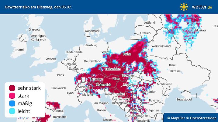 Die Grafik zeigt die Gewittergefahr für Dienstag, 05.07.2022