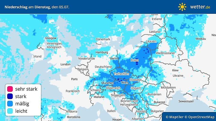 Die Grafik zeigt den Niederschlag am Dienstag, 05.07.2022
