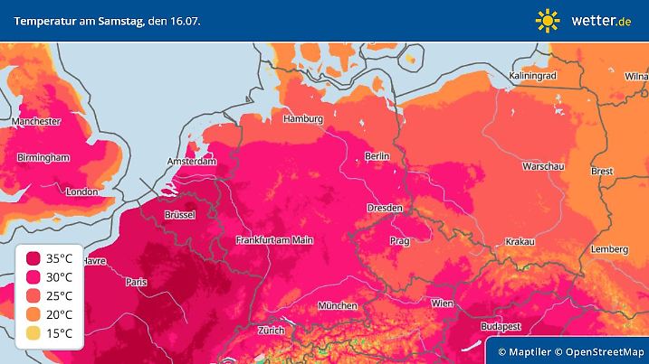 Die Grafik zeigt die Höchstwerte für Samstag, 16.07.2022: Vor allem im Westen wird es sehr heiß
