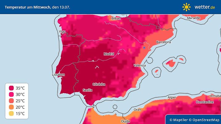 Die Grafik zeigt die Höchsttemperaturen in Spanien und Portugal.