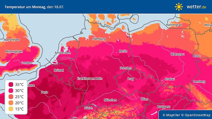 Die Karte zeigt: Die Hitze hält sich übers Wochenende hinaus.