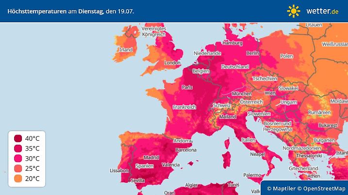 Höchsttemperaturen am Dienstag, 19. Juli 2022