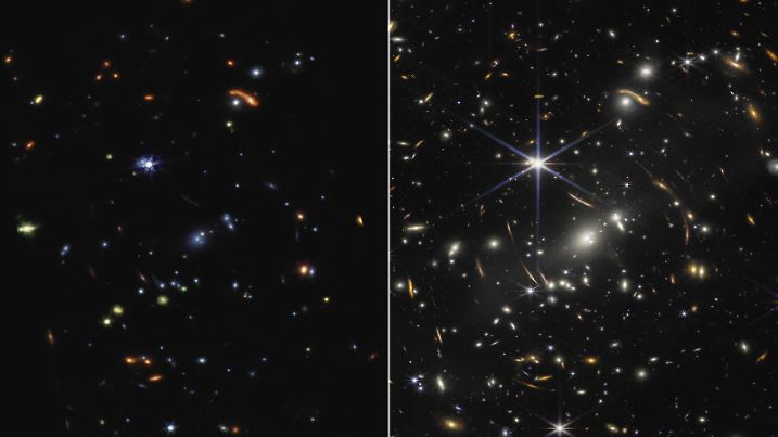 This image, released on July 12, 2022, shows Galaxy cluster SMACS 0723 is a technicolor landscape when it s viewed in mid-infrared light by NASA s James Webb Space Telescope. Compared to Webb s near-infrared image, seen on the right, the galaxies and stars are awash in new colors. The prominent arcs at the center of the galaxy cluster, which are galaxies that are stretched and magnified by gravitational lensing, appear blue in the Mid-Infrared Instrument MIRI image on the left and orange in the Near-Infrared Camera NIRCam image on the right. These galaxies are older and have much less dust. NASA/ PUBLICATIONxINxGERxSUIxAUTxHUNxONLY WAX2022071201 NASA