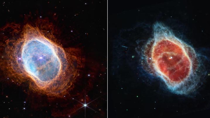 dpatopbilder - HANDOUT - 12.07.2022, ---: Das von der US-amerikanischen Weltraumbehörde NASA zur Verfügung gestellte Bild zeigt vergleichende Beobachtungen des Südlichen Ringnebels im nahen Infrarot (l) und im mittleren Infrarot (r), die mit dem James-Webb-Weltraumteleskop gemacht wurden. Foto: Space Telescope Science Institut/STScI via NASA/dpa - ACHTUNG: Nur zur redaktionellen Verwendung und nur mit vollständiger Nennung des vorstehenden Credits +++ dpa-Bildfunk +++