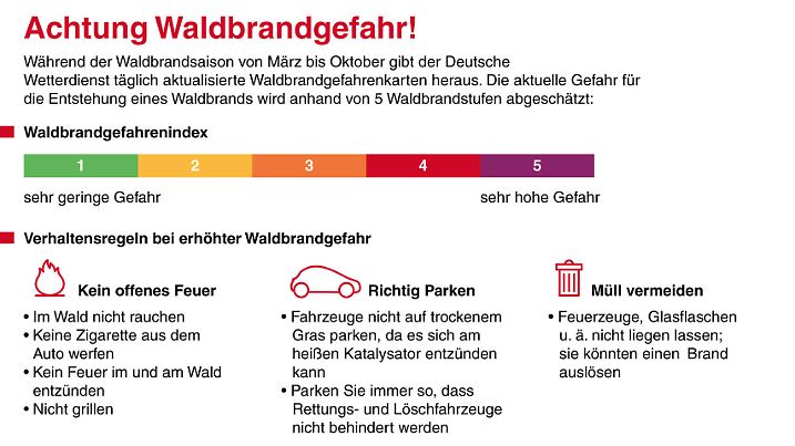 Nicht grillen, kein offenes Feuer und nicht rauchen - diese Regeln für einen Aufenthalt im sommerlichen Wald sind einfach. Doch auch das richtige Parken des Autos ist in der Waldbrandsaison sehr wichtig. (Den vollständigen Text finden Sie nach dem Download der Hires-Vektor-Datei bzw. der Hires-Datei im PDF-Dokument.) Grafik: Christoph Goldammer, Redaktion: Sophie Thunemann, Datenerhebung: Stand Juli 2018