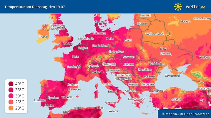 Höchsttemperaturen für Europa am Dienstag, 19. Juli