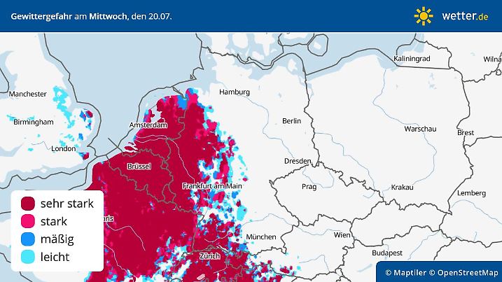 Die Prognose für die Gewittergefahr - vor allem in der Westhälfte kann es am Mittwoch, 20. Juli 2022 gewittern.