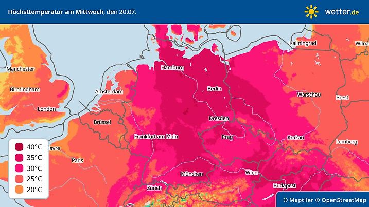 Die Vorhersage der Höchstwerte am Mittwoch, 20. Juli 2022