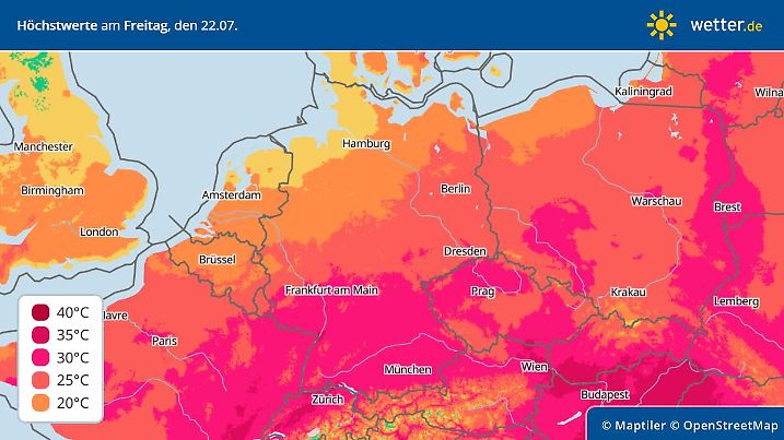 Die Temperaturen am Freitag, 22. Juli 2022 - der Süden bleibt heiß
