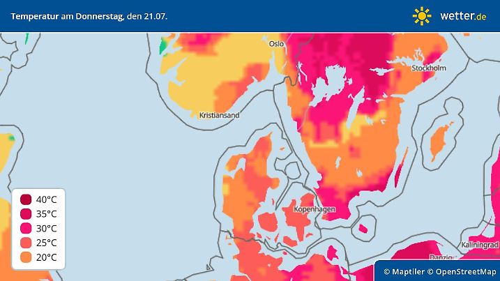 Höchsttemperaturen für Donnerstag, 21. Juli in Schweden