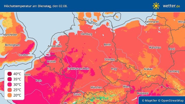 Höchsttemperatur in Deutschland, am Dienstag, den 02. August 2022..