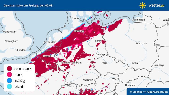 Gewitterrisiko in Deutschland, am Freitag, den 05. August 2022.