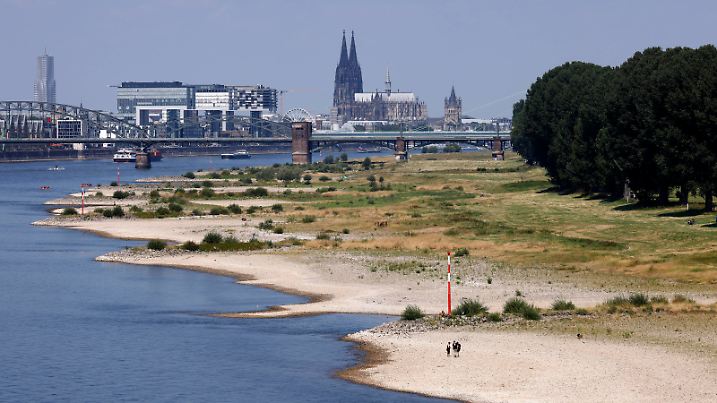 Rhein bei bei Köln bei starkem Niedrigwasser, der Rheinpegel ist gefallen auf 120 cm und fällt weiter. Die lange Dürre hat dafür gesorgt, dass das Poller Rheinufer weitgehend trocken liegt und sich bis tief in das eigentliche Flussbett erstreckt. (Themenbild, Symbolbild) Köln, 24.07.2022