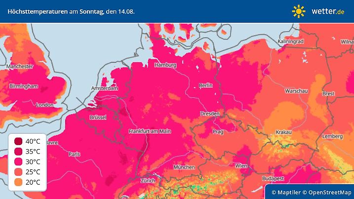 Höchsttemperaturen am Sonntag, 14.08.2022