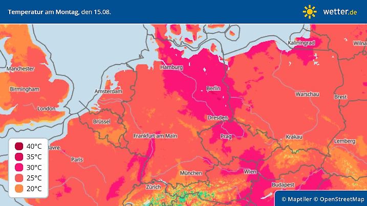 Höchsttemperaturen am Montag, 15. August in Deutschland