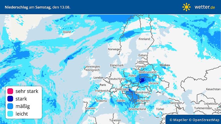 Die Regensummen für Europa am Samstag, 13.08.2022