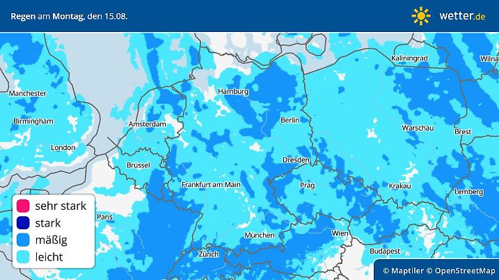 Vorhersage und Prognose für den Regen in Deutschland am Montag, 15. August 2022