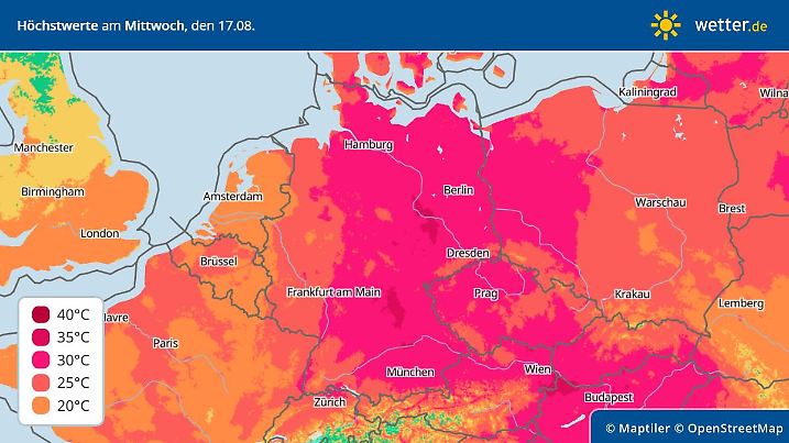 Vorhersage der Temperaturen am Mittwoch, 17. August 2022