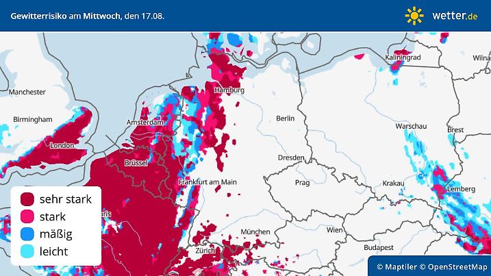 Gewitterrisiko am Mittwoch, 17. August in Deutschland
