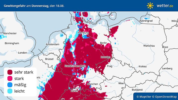 Die Vorhersage für die Gewittergefahr am Donnerstag, 18. August 2022