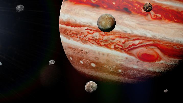 artist's interpretation of the stormy gas giant with the red dot