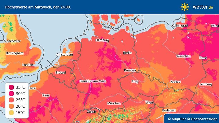 Höchstwerte für Mittwoch, 24. August 2022 - erneut 30 Grad und mehr sind drin