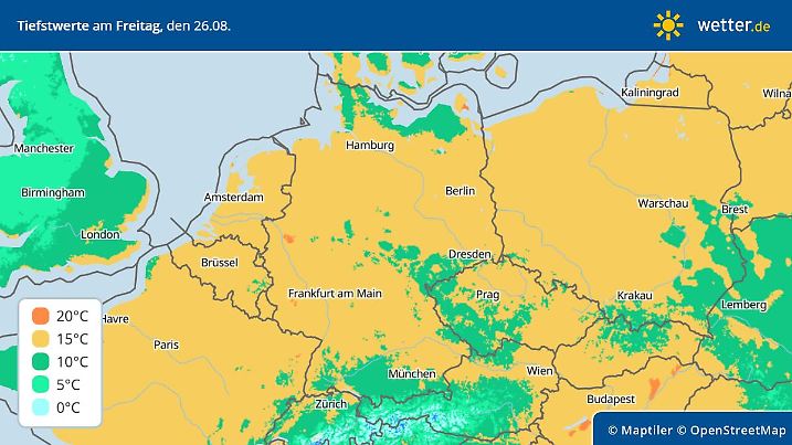 Die Tiefstwerte in der Nacht zum Freitag, 24. August 2022