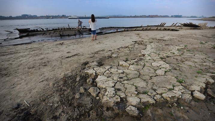 Niedrigwasser / Trockenheit am Rhein bei Salmorth / Kleve, nahe Emmerich. Ein altes Schiffswrack wird durch den extrem niedrigen Wasserstand freigelegt. Extremes Niedrigwasser am Rhein bei Salmorth / Kleve, nahe Emmerich. Pegel bei Emmerich fällt unter Nullmarke. Das Foto zeigt den Stand am Vorabend des 18. August. Bereits am Dienstag war der Wasserstand des Rheins teils historisch niedrig nun ist er in Emmerich weiter gefallen. Die Trockenheit machen die Folgen des Klimawandels von Jahr zu Jahr staerker sichtbar. Der niedrige Wasserstand des Rheins hat das 123 Jahre altes Wrack eines Frachtschiffs an der Grenze zu den Niederlanden wie noch nie freigelegt. Von ueberall kommen Menschen um das Naturereignis mit eigenen Augen zu sehen.