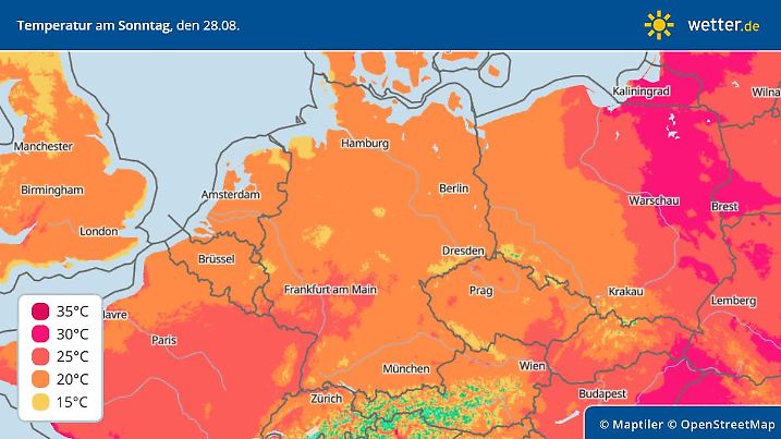 Die Grafik zeigt die Höchsttemperaturen am letzten August-Sonntag.