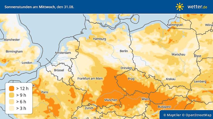 Die Grafik zeigt die voraussichtliche Sonnenscheindauer am Mittwoch, den 31. August. / Stand: 25. August 2022