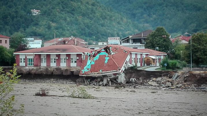 September 19, 2020, Karditsa, Greece: At least two people have been killed after a ''medicane'' - a rare Mediterranean hurricane - toppled trees, cut power and flooded streets in Greece. An elderly woman was found dead in a flooded house in Farsala and the body of 63-year-old man was discovered near a hospital in Karditsa, around 125 miles (200km) north of Athens, were swamped with water and a bridge collapsed. (Credit Image: © Eurokinissi via ZUMA Wire