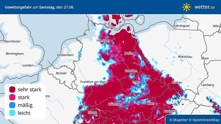 Prognose der Gewittergefahr am Samstag, 27. August 2022