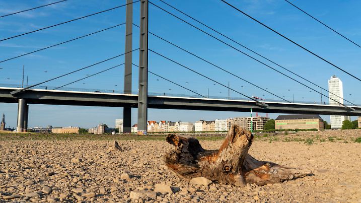  Rhein bei Düsseldorf, extremes Niedrigwasser, Rheinpegel bei 81 cm, Tendenz fallend, nach lange Dürre fällt das linke Rheinufer, bei Düsseldorf Oberkassel trocken, Rheinkniebrücke, NRW, Deutschland, Rhein Niedrigwasser *** Rhine near Düsseldorf, extreme low water, Rhine level at 81 cm, tendency falling, after long drought the left bank of the Rhine falls dry, near Düsseldorf Oberkassel, Rheinkniebrücke, NRW, Germany, Rhine Low Water