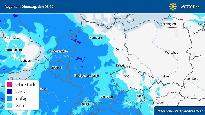 Regenvorhersage für Dienstag, 06. September 2022