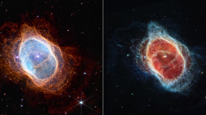 (220712) -- GREENBELT (U.S.), July 12, 2022 (Xinhua) -- Image released by NASA on July 12, 2022 shows a side-by-side comparison of the Southern Ring Nebula in near-infrared light (L) and mid-infrared light (R) from NASA's James Webb Space Telescope. NASA released James Webb Space Telescope's first full-color images of the universe and their spectroscopic data on Tuesday, revealing the unprecedented and detailed views of the universe. (NASA, ESA, CSA, STScI/Handout via Xinhua)