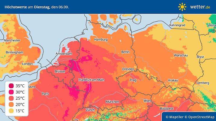 Die Höchstwerte für Dienstag, 06. September 2022 - der Sommer will es bei bis zu 30 Grad erneut wissen