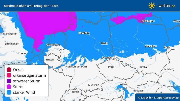 Die Grafik zeigt die maximalen Böen am Freitag, 16.09.2022
