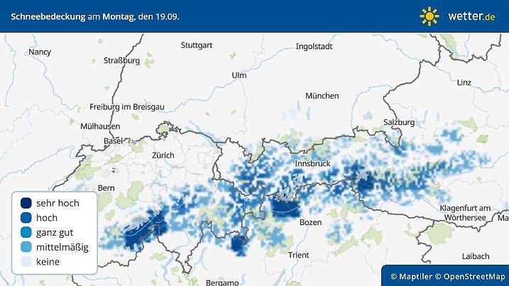 Die Grafik zeigt die Schneebedeckung am Montagmorgen, 19.09.2022
