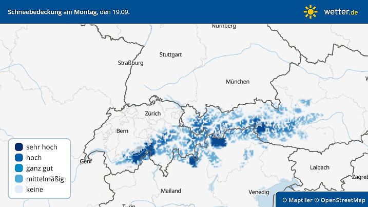 Die Grafik zeigt die Schneebedeckung am Montagmorgen, 19.09.2022